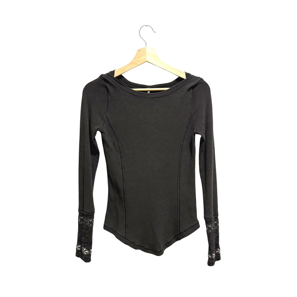 Free People Black Waffle Knit Thermal‎ Top Size Small